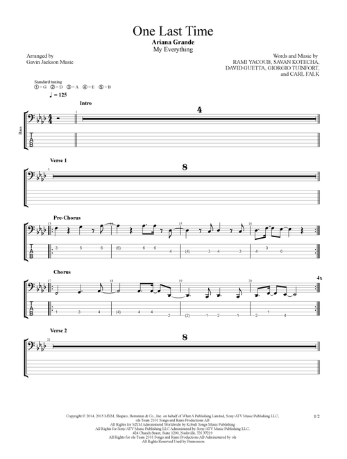 One Last Time (Arr. Gavin Jackson Music) - Ariana Grande (Bass Tab)