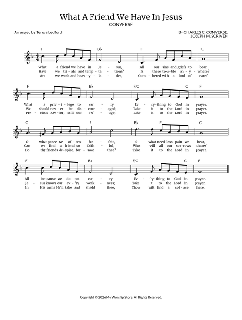 What A Friend We Have In Jesus (Arr. Teresa Ledford) - Charles C Converse (Lead Sheet - Fake Book)