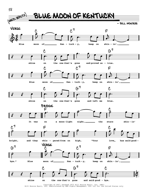 Blue Moon Of Kentucky - Bill Monroe, Patsy Cline, Elvis Presley (Real Book - Melody-Chords-Lyrics)