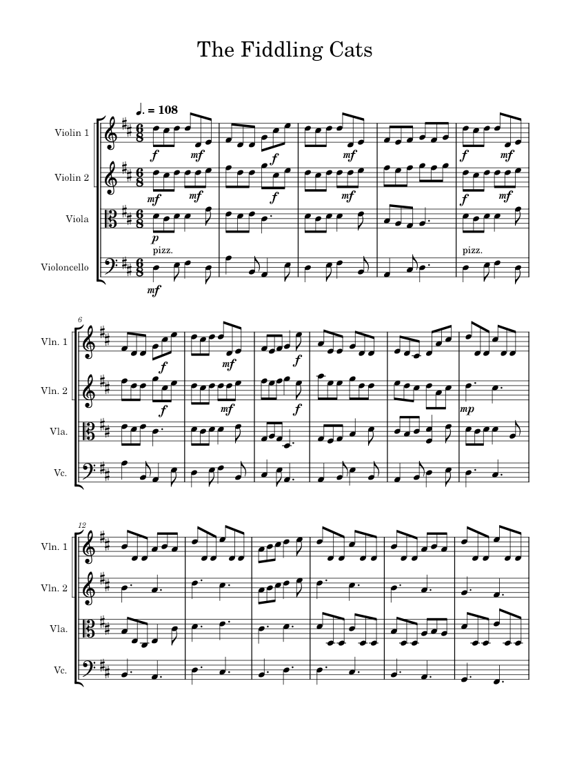 The Fiddling Cats Sheet music for Violin, Viola, Cello (String Quartet)