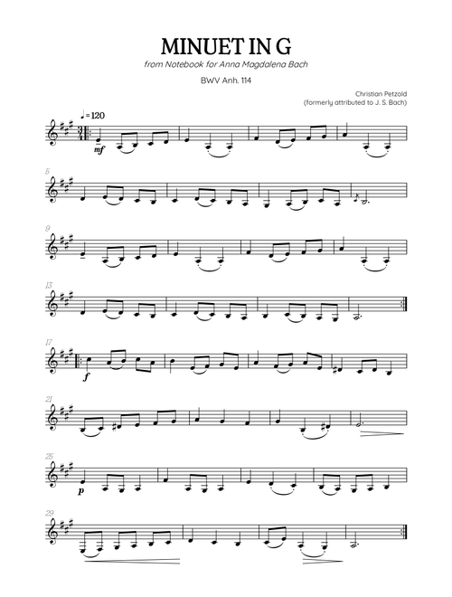 Petzold (Bach) Minuet in G BWV Anh 114 | clarinet solo (Arr. Benzaiten Editions) - Christian Petzold, Johann Sebastian Bach (Clarinet Solo)