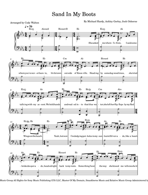 Sand In My Boots (Arr. Cody Walton) - Morgan Wallen (Piano-Vocal-Guitar (Piano Accompaniment))