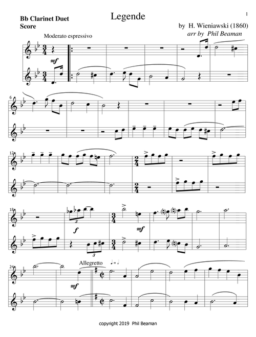 Legende-Wieniawski-Bb Clarinet duet (Arr. Phil Beaman) - H Wieniawski (Clarinet Duet)