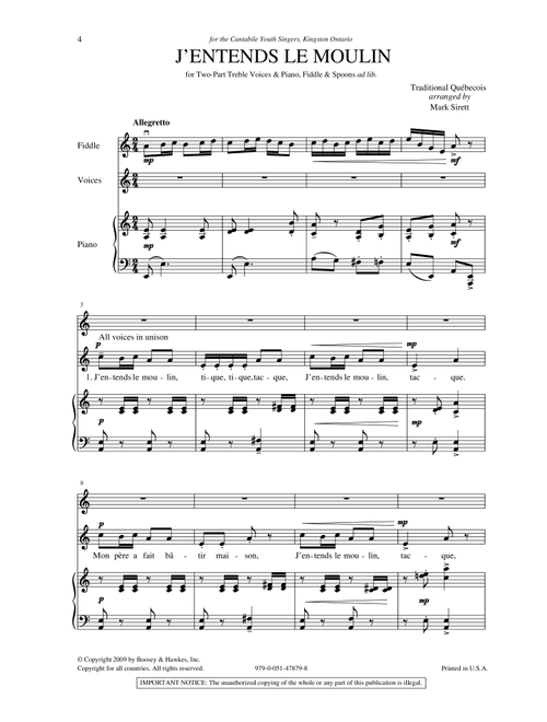 J'entends Le Moulin (Arr. Mark Sirett) - Traditional Quebecois (Choral, 2-Part)