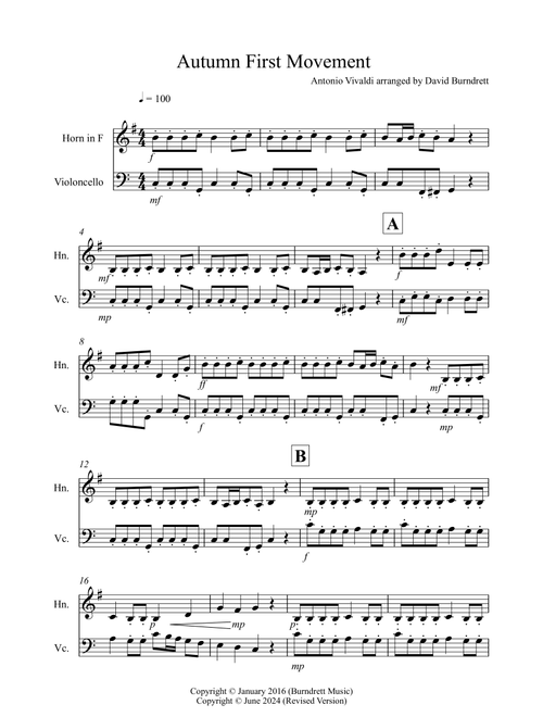Autumn "Four Seasons" for Horn and Cello Duet (Arr. David Burndrett) - Antonio Vivaldi (Instrumental Duet)