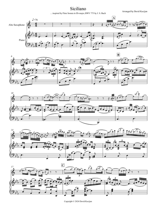 Bach: Siciliano from Flute Sonata in Eb-major (alto sax & piano) (Arr. David Kocijan) (Alto Sax and Piano)