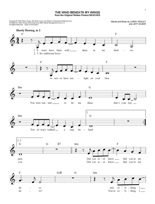 The Wind Beneath My Wings - Bette Midler (Easy Lead Sheet - Fake Book)