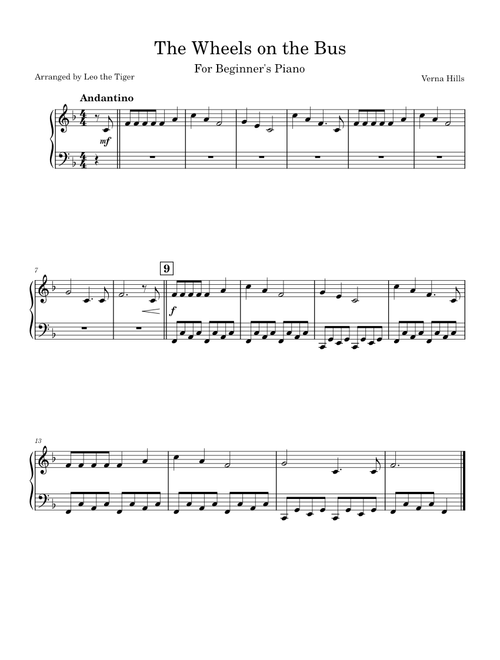 The Wheels on the Bus (for Beginner's Piano) - Verna Hills