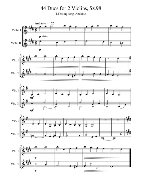 Béla Bartók - 44 Duos for 2 Violins, Sz.98 I.Teasing song. Andante