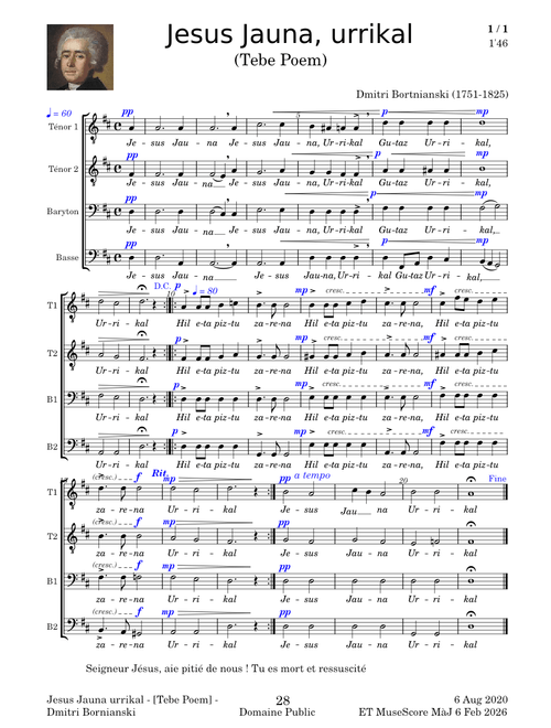 Tebe poem – Dmytro Bortniansky - (1751-1825) " Jesus Jauna urrikal " - 4VE TTBB ET