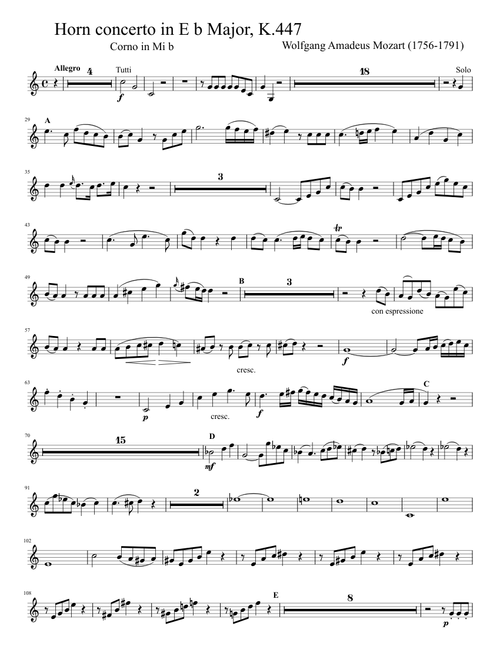 W. A. Mozart - Concerto n. 3 for horn in E b major K 447 - Horn in E b Complete Part