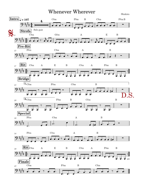 Whenever Wherever - Shakira (bass line)