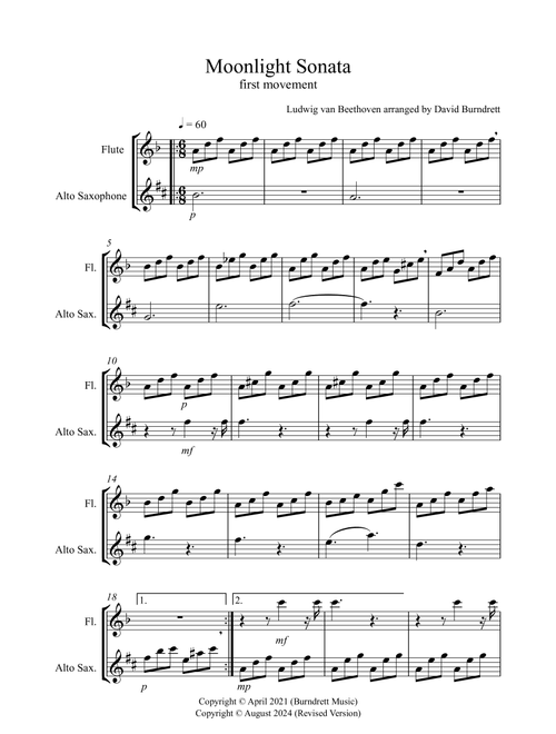 Moonlight Sonata for (1st movement) for Flute and Alto Saxophone Duet (Arr. David Burndrett) - Ludwig van Beethoven (Instrumental Duet)