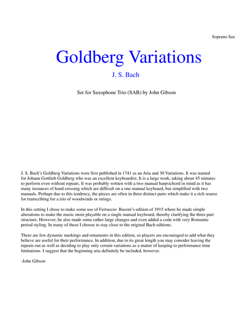 J. S. Bach Goldberg Variations set for saxophone trio (soprano, alto, baritone) - PARTS (Arr. John Gibson) - J S Bach (Woodwind Ensemble)