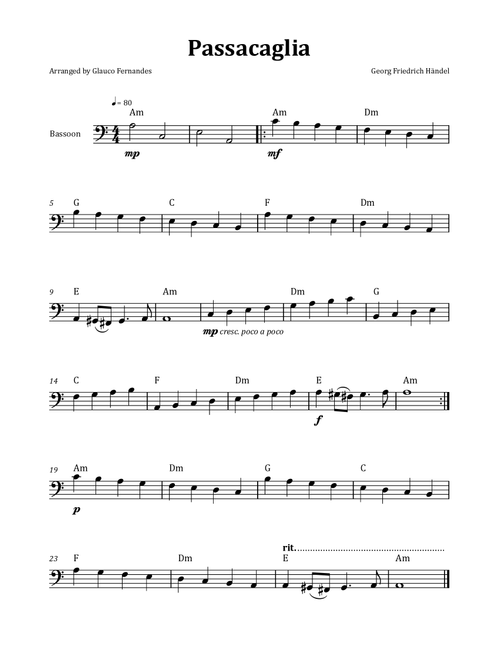 Passacaglia by Handel/Halvorsen - Bassoon Solo with Chord Notation (Arr. Glauco Fernandes) - Georg Friedrich Händel (Bassoon Solo)