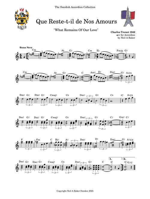 Que Reste-t-il de Nos A,ours (Arr. Neil Baker) (Accordion)