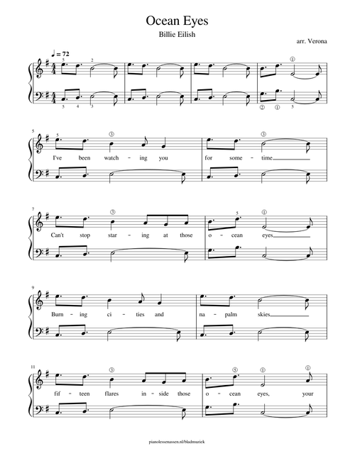 Ocean Eyes - Billie Eilish (easy piano / beginner) with lyrics and fingering