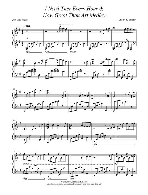 I Need Thee Every Hour / How Great Thou Art Medley (Arr. Justin K. Reeve) (Piano Solo)
