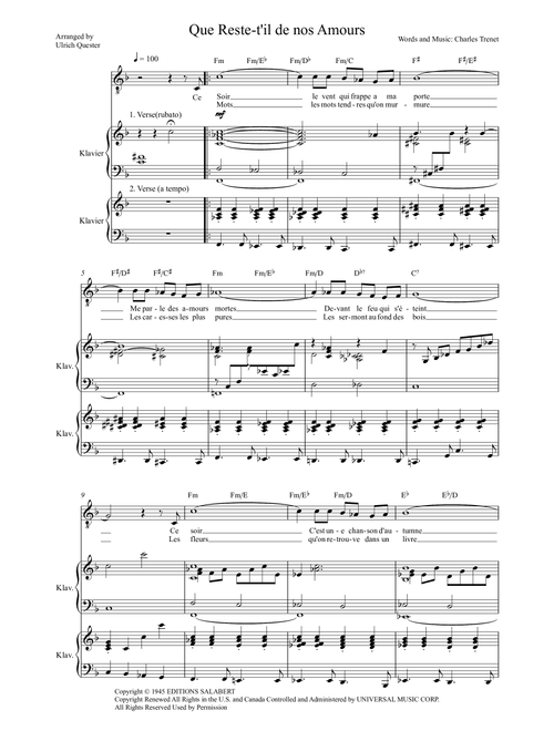 Que Reste-T-Il De Nos Amours (I Wish You Love) (Arr. Ulrich Quester) - Charles Trenet, Albert Beach (Piano Vocal)