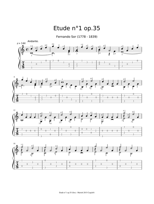 Etude n°1 op.35 - Fernando Sor (1778 - 1839) Tablature