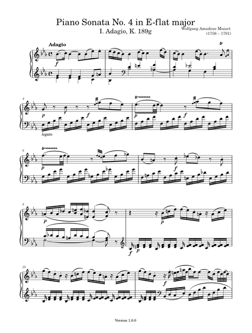 [I. Adagio] Piano Sonata No. 4 in E-flat major, K. 189g – W. A. Mozart