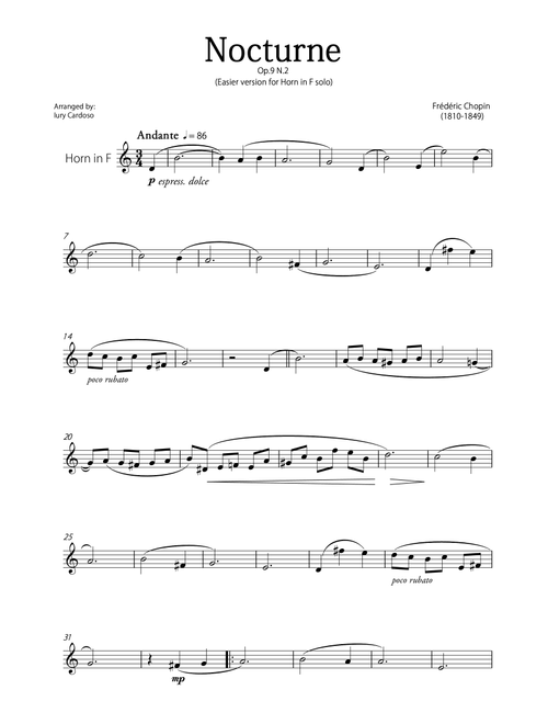 "Nocturne" (Chopin) - Beautiful EASY version for HORN in F SOLO. (Arr. Iury Cardoso) - Frédéric Chopin (French Horn Solo)