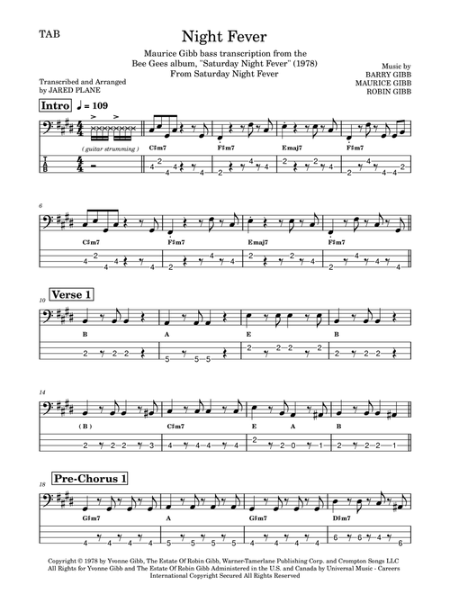 Night Fever (Arr. Jared Plane) - Bee Gees (Bass Tab)