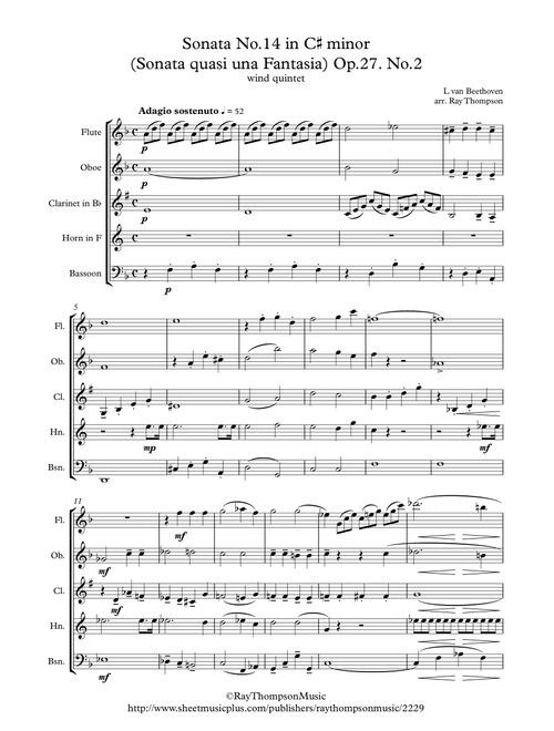 Beethoven: Piano Sonata No.14 in C# min (Sonata quasi una Fantasia) Op.27 No.2 Mvt.1. - wind quintet (Arr. Ray Thompson) - Ludwig Van Beethoven (Woodwind Ensemble)