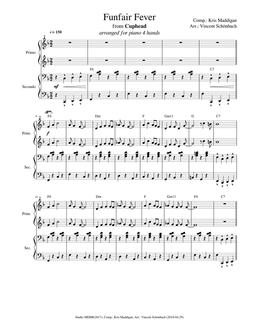 Cuphead - Funfair Fever - Piano 4 Hands Sheet Music for Piano