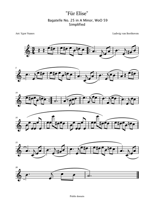 Beethoven - Für Elise - Easy Violin. Simplified and Shorter Version (Arr. Ygor Nunes) (Violin Solo)