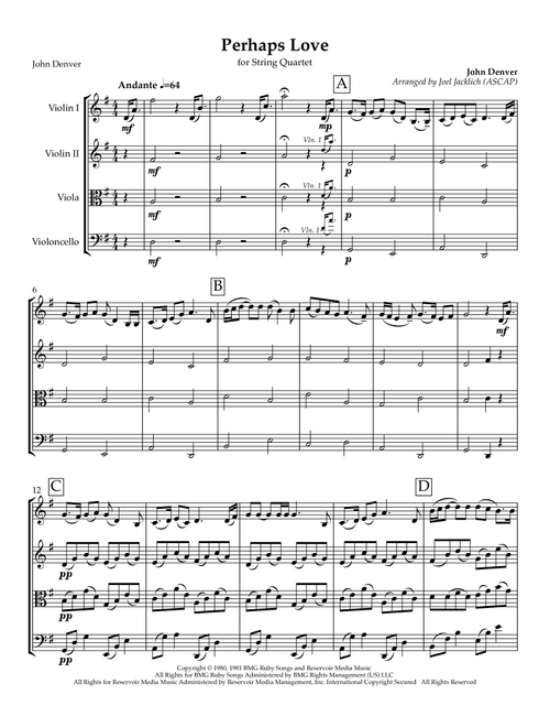 Perhaps Love (Arr. Joel Jacklich (ASCAP)) - John Denver and Placido Domingo (String Quartet)