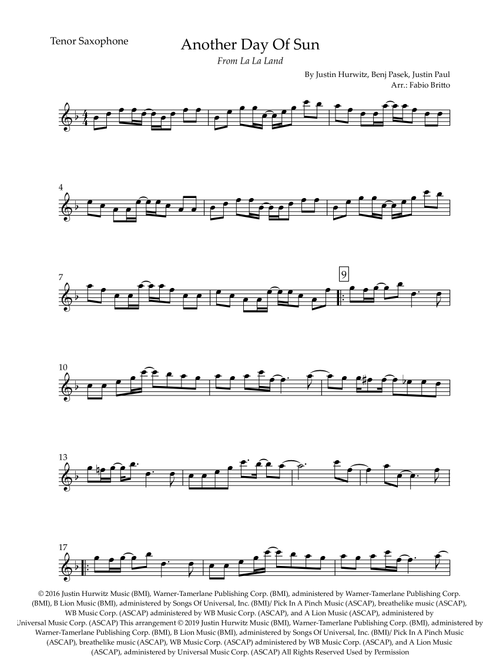 Another Day Of Sun (Arr. Fabio Britto) - Justin Hurwitz, Benj Pasek, Justin Paul (Tenor Sax Solo)