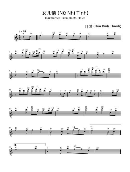 Nữ Nhi Tình (女儿情) - Hứa Kính Thanh (for Harmonica Tremolo 24 holes)