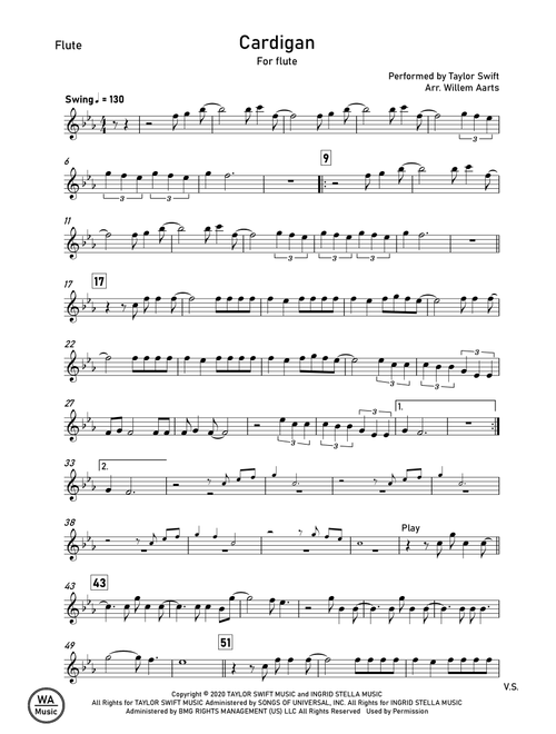 Cardigan (Arr. Willem Aarts) - Taylor Swift (Flute Solo)