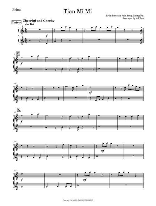 Tian Mi Mi (Arr. AJ Tan) - Zhang Nu (Piano Duet)