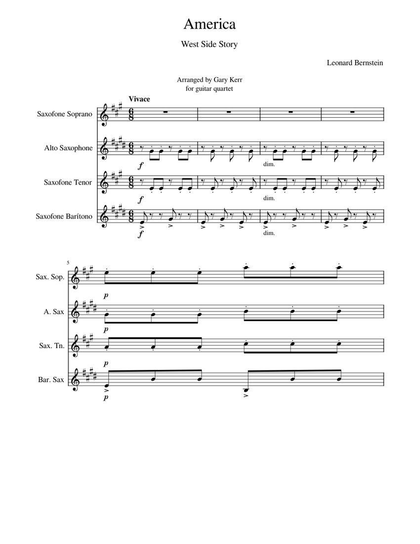 America West Side Story Sheet music for Guitar (String Quartet)