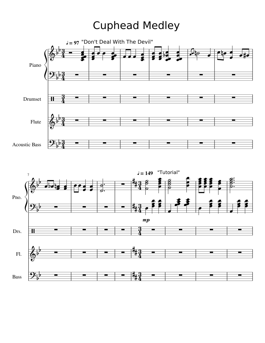 Cuphead Medley Sheet Music for Piano, Flute, Bass guitar, Drum