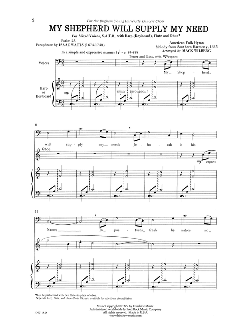 My Shepherd Will Supply My Need (Arr. Mack Wilberg) (Choral, SATB)
