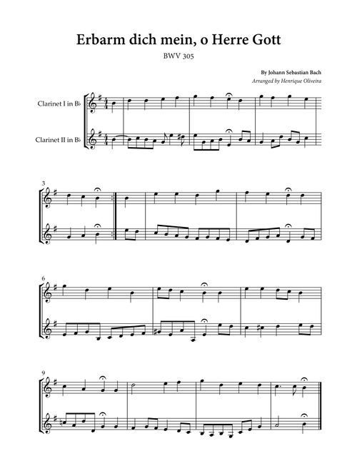 Erbarm dich mein, o Herre Gott (Clarinet Duet) - Johann Sebastian Bach (Arr. Henrique Oliveira) (Instrumental Duet)