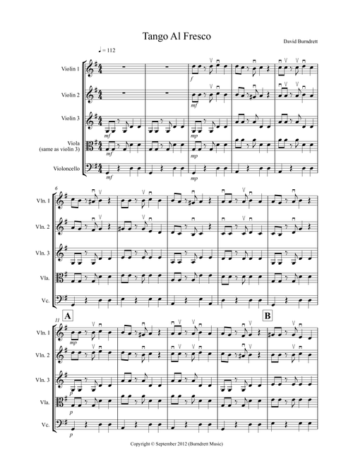 Tango Al Fresco For Beginning String Quartet - David Burndrett (String Quartet)