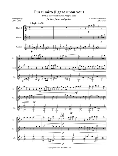 Pur ti miro (I adore you) for 2 flutes and guitar (Arr. Clive Lane) - Claudio Monteverdi (1567-1643) (Flute Duet)