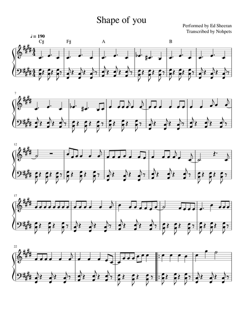 Ed Sheeran-Shape of you sheet music arranged by Nohpets
