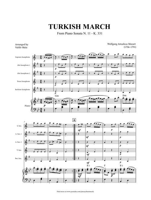 Turkish March - Saxophone Quintet and Piano + CHORDS (Arr. Valdir Maia) - Mozart (Woodwind Ensemble)