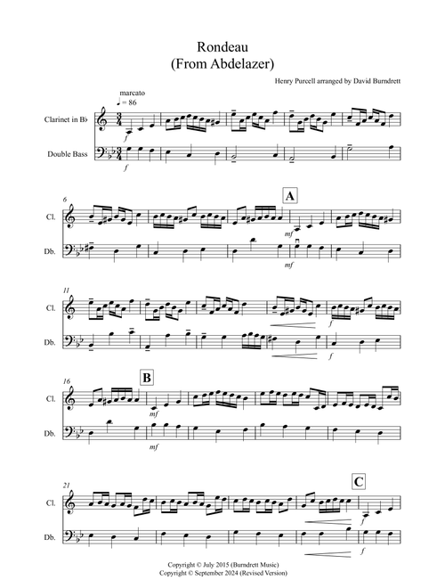 Rondeau (from Abdelazer) for Clarinet and Double Bass Duet (Arr. David Burndrett) - Henry Purcell (Instrumental Duet)