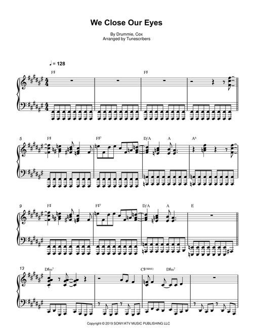 We Close Our Eyes (Arr. Tunescribers) - Drummie, Cox (Piano Solo)