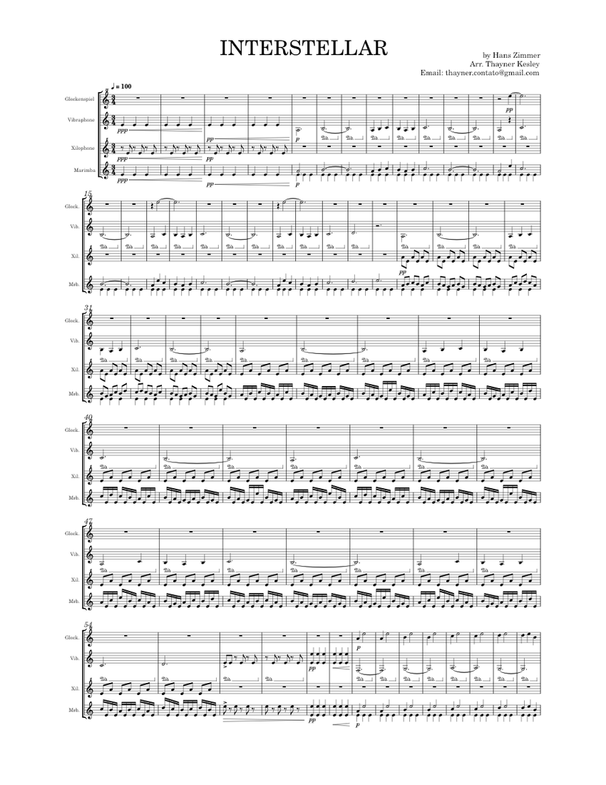 Interstellar Hans Zimmer Keyboard Percussion Quartet Sheet music