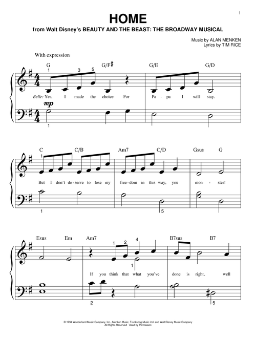 Home (from Beauty and the Beast: The Broadway Musical) - Alan Menken (Big Note Piano)