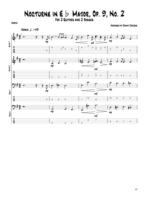 Nocturne in Eb Major, Op. 9, No. 2 (For 2 Guitars and 2 Basses) (Arr. Danny Crocome) - Chopin (Guitar Ensemble)