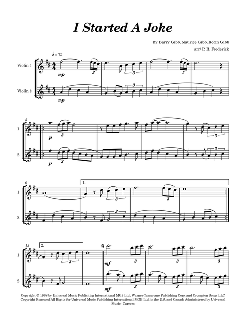 I Started A Joke (Arr. P. R. Frederick) - Bee Gees (Violin Duet)