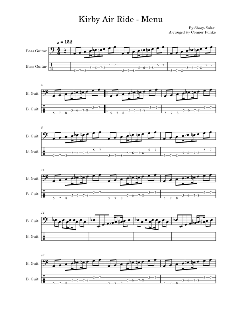 Kirby Air Ride Menu Shogo Sakai Sheet Music For Bass Guitar Solo